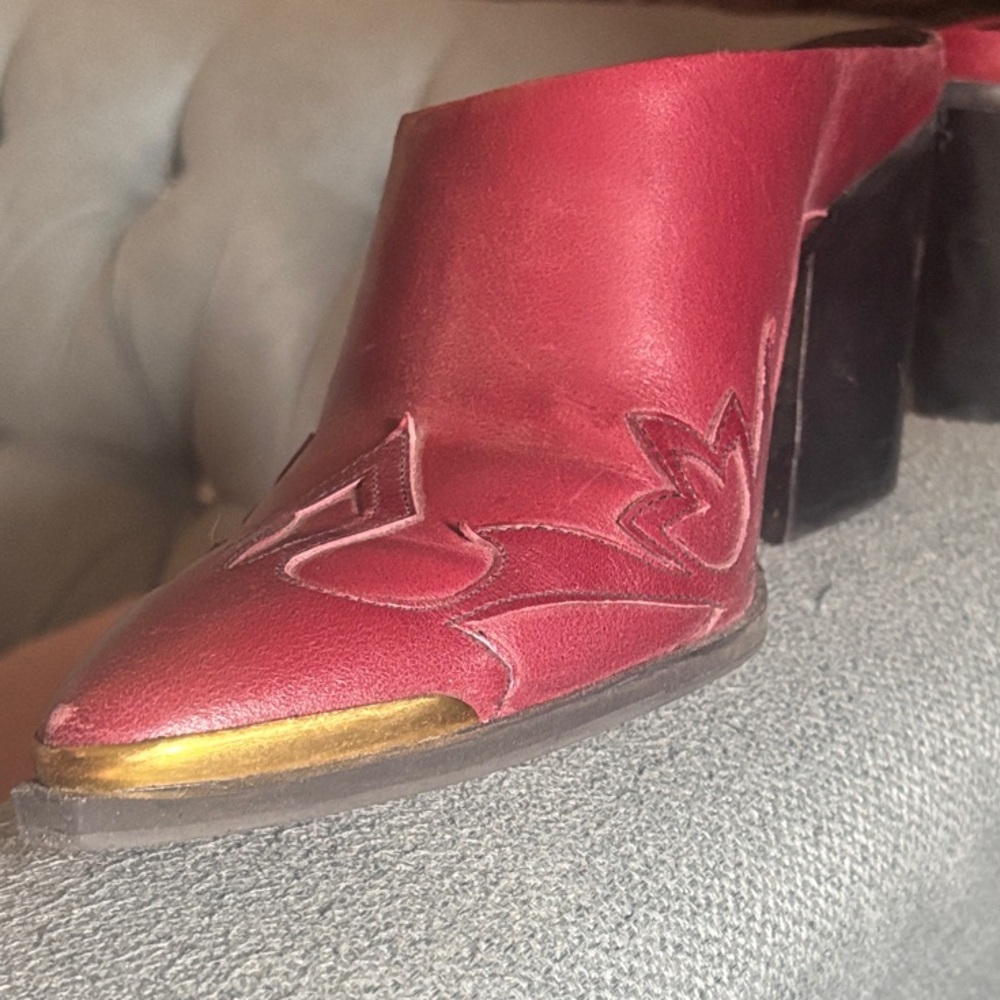 Vince Camuto Red Leather Open-Back Heeled Mule with Gold Toe Accent